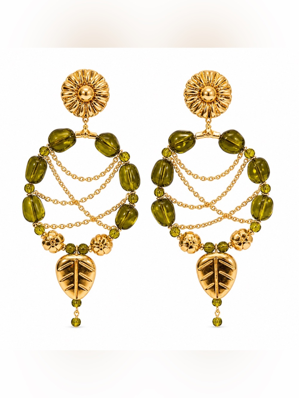 Hand Crafted Gold and Olive Green Dangle Leaf Earrings
